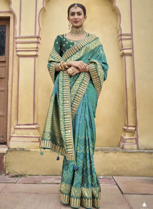 Turquoise Dola Silk Embroidered Wedding Saree