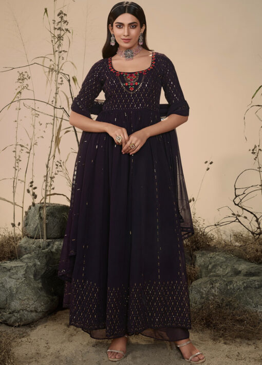 Purple Embroidered Anarkali Style Palazzo Suit