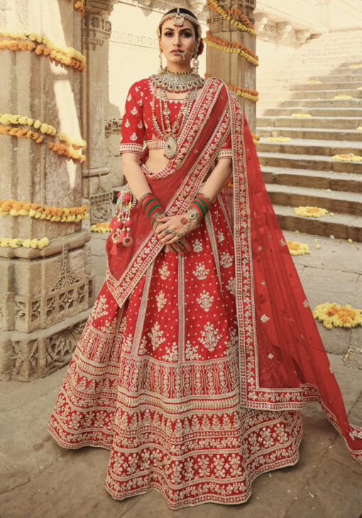 Bright Red Heavy Silk Bridal Lehenga Choli Lehengas Designer Collection
