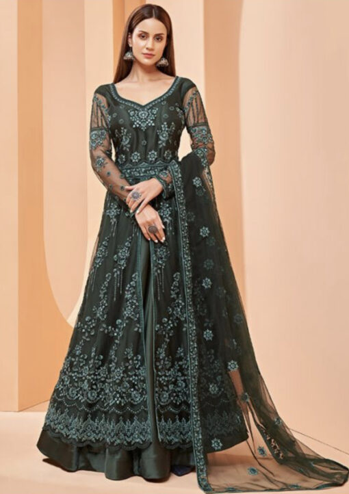Dark Green Net Embroidered Anarkali Lehenga Suit