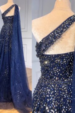 Alternative view of Heavily Embellished Blue One Shoulder Drape Evening Dress