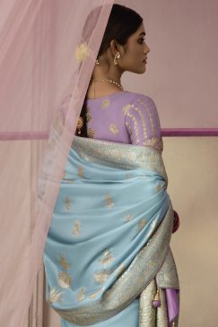 Alternative view of Sky Blue Embroidered Wedding Saree