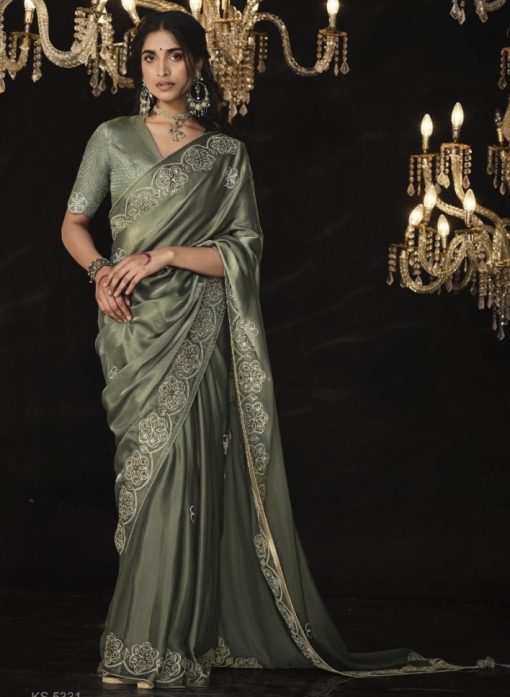 Khaki Fancy Embroidered Wedding Saree