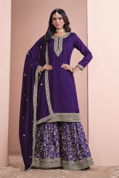 Blue Color Partywear Plazo Suit In Silk Fabric