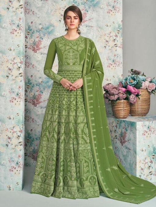 Green Georgette Lakhnav Embroidered Anarkali Suit