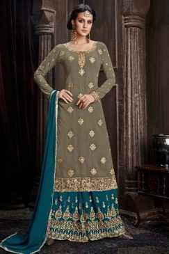 Grey And Teal Georgette Embroidered Palazzo Suit