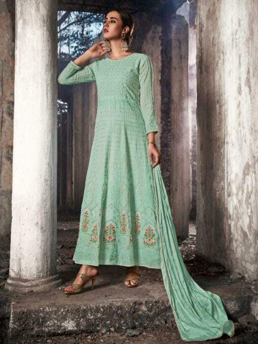 Turquoise Embroidered Georgette Anarkali Dress