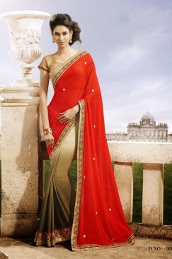 Orange Red Tone And Beige Georgette Saree