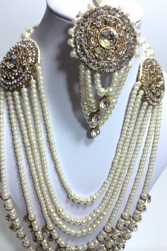 Gold Crystal Layered Pearl Drop Necklace Set