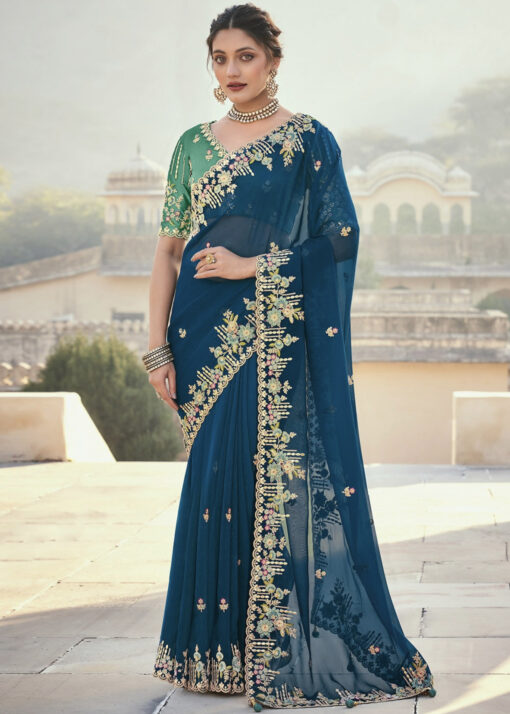 Blue Silk Wedding Party Wear Saree