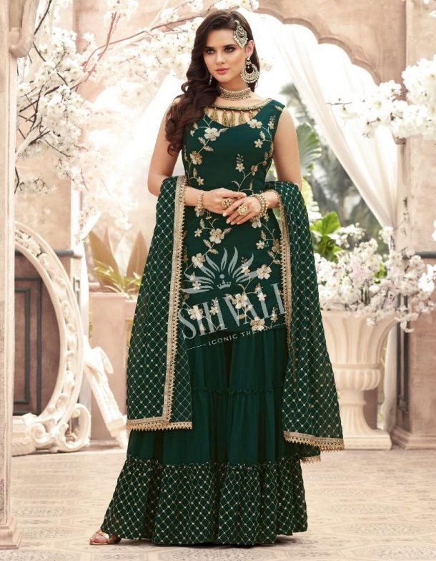 bottle green colour sharara suit