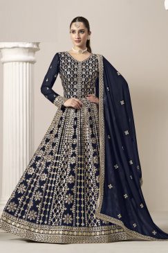 Blue Color Beautiful Heavy Partywear Georgette Fabric Semi Stiched Suit