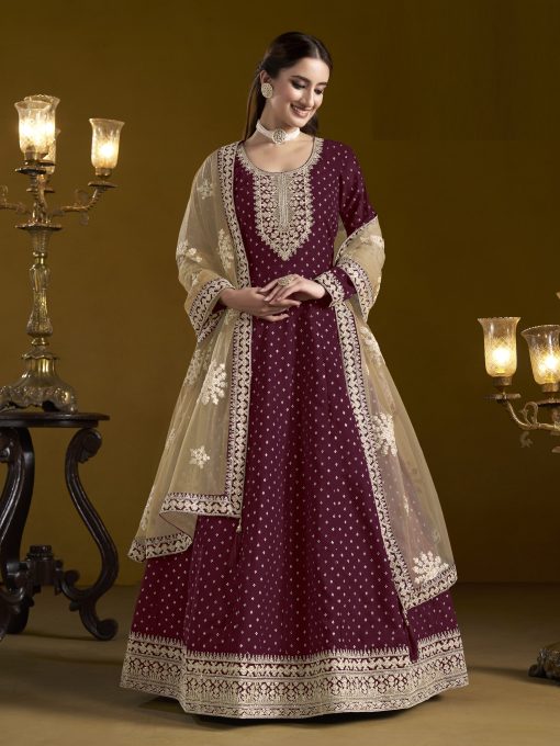 Beautiful Chanderi Butti Work Dress in Maroon Color