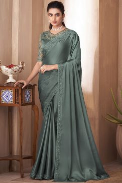 Green Embroidered Border Party Wear Saree