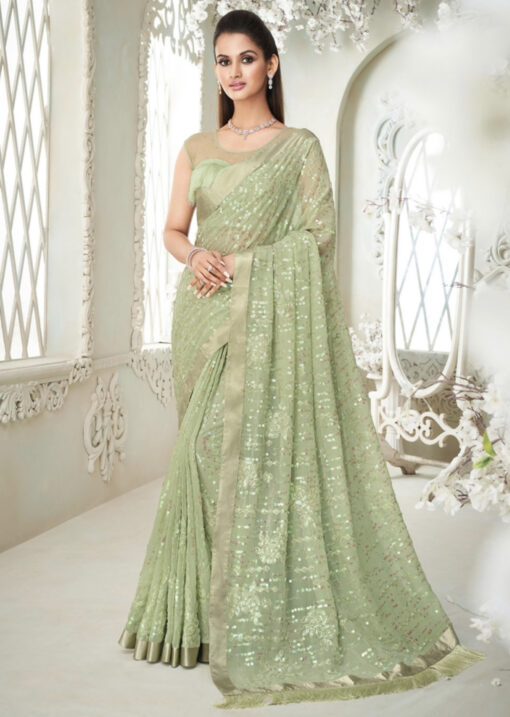 Light Green Fancy Saree With Fringe Detail