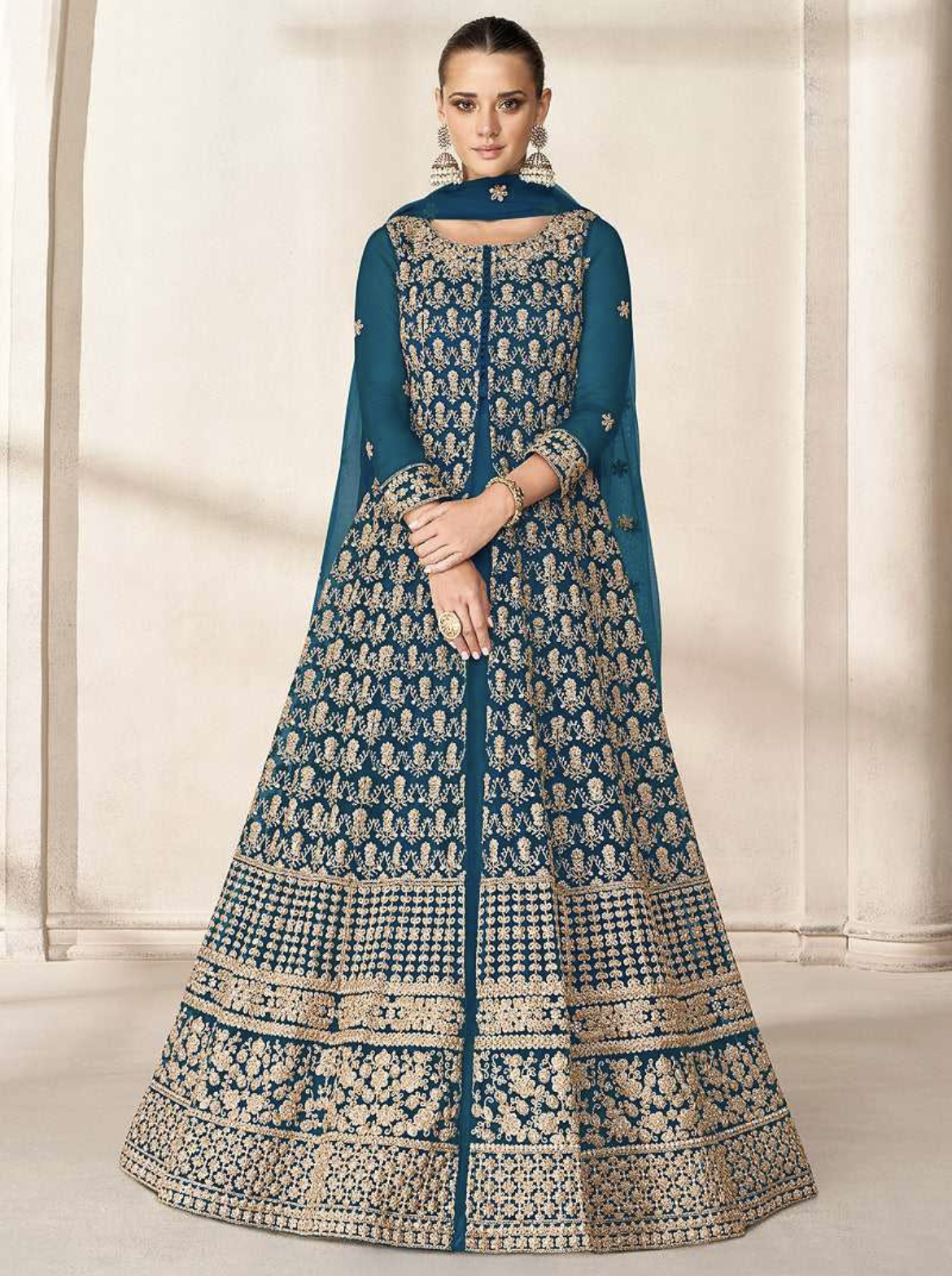 Blue Net Embroidered High Slit Anarkali Suit Salwar Kameez Designer