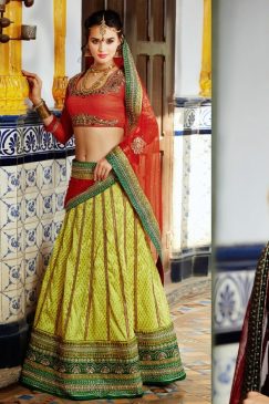 Meera Designer Red And Light Green Lehenga Choli