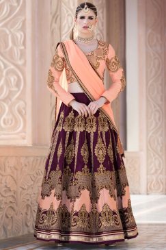 Dulhan Peach and Plum Bangalori Silk Lehenga Choli