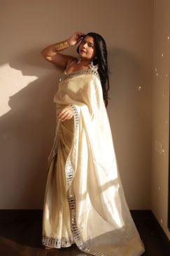 White Cream Color Satin Organza Saree with readymade blouse