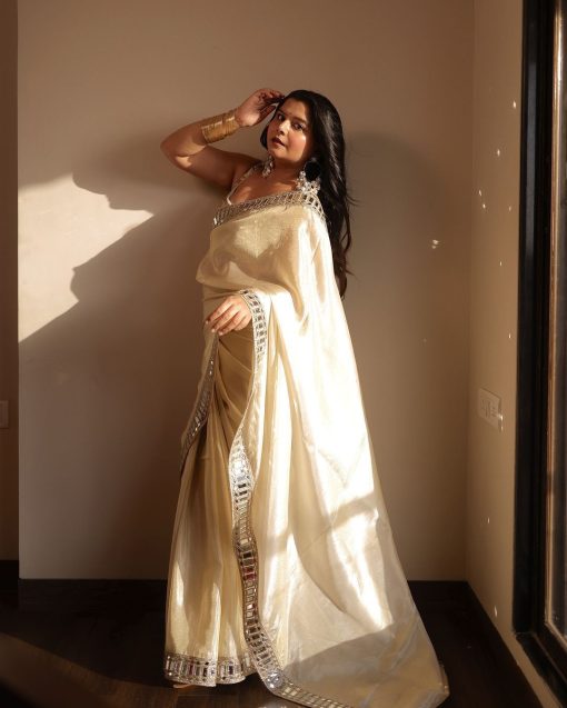 White Cream Color Satin Organza Saree with readymade blouse