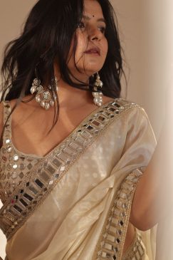 Alternative view of White Cream Color Satin Organza Saree with readymade blouse