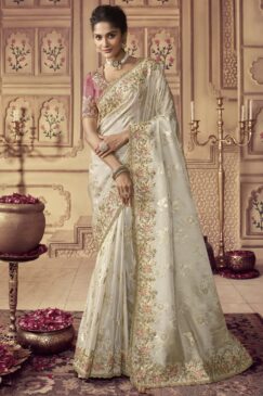 White Fancy Silk Wedding Party Wear Saree