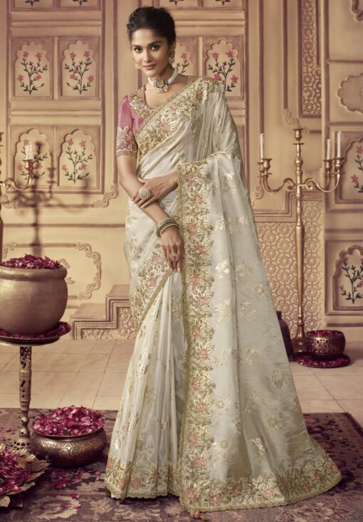 White Fancy Silk Wedding Party Wear Saree