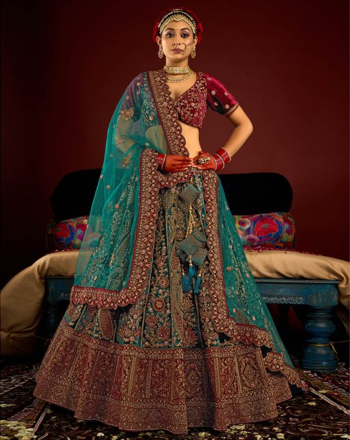 Royal Green Velvet Embroidered Bridal Lehenga Choli