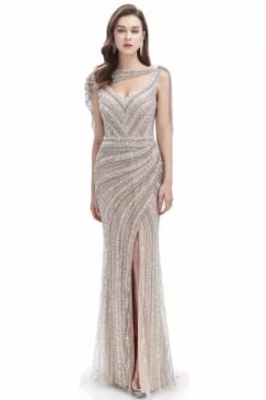 Heavily Beaded Crystal Long Evening Gown