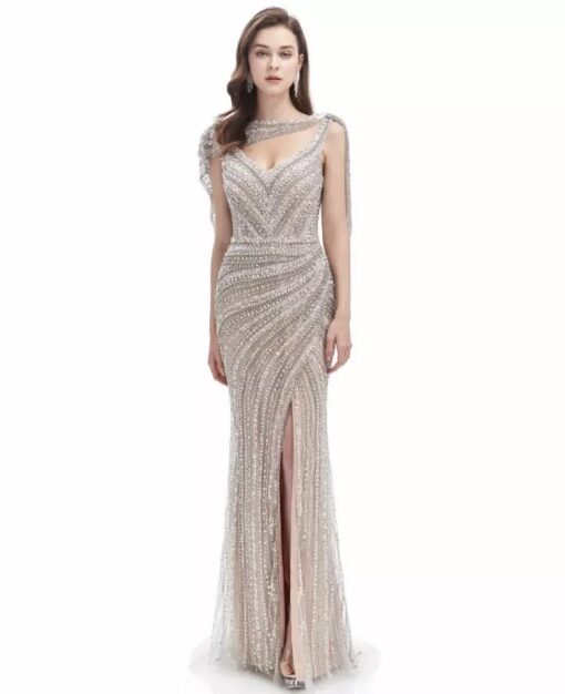 Heavily Beaded Crystal Long Evening Gown