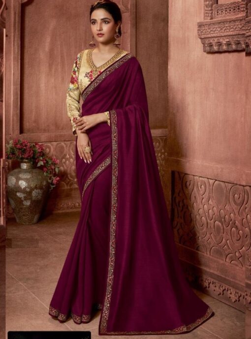 Wine Embroidered Festival Saree
