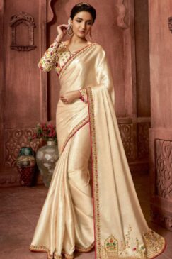 Cream Embroidered Festival Saree