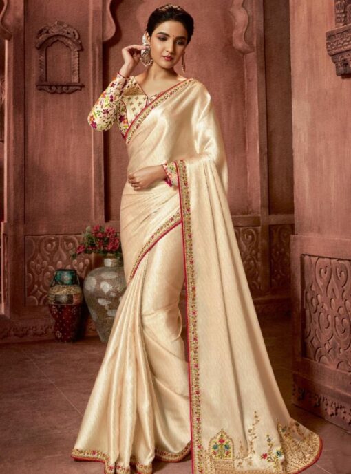Cream Embroidered Festival Saree