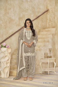Beautiful Patiala Dress in Roman Silk Fabric in light grey colour