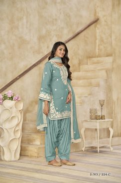Alternative view of Beautiful Patiala Dress in Roman Silk Fabric in sky blue colour
