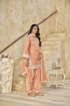 Alternative view of Beautiful Patiala Dress in Roman Silk Fabric in orange colour