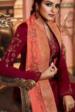 Alternative view of Dark Red Satin Georgette Churidar Suit