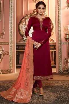 Dark Red Satin Georgette Churidar Suit