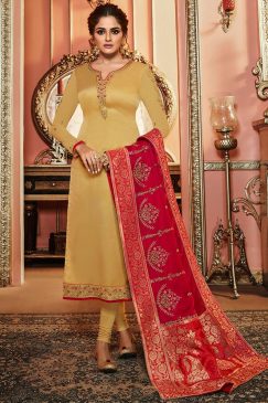 Yellow Satin Georgette Churidar Suit