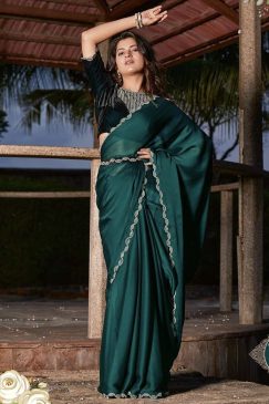 Green Satin Silk Chiffon Party Wear Saree