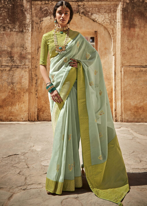 Pale Green Woven Silk Embroidered Saree
