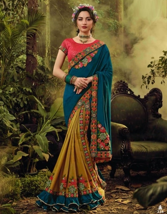 Teal And Brown Half N Half Saree Sarees Designer Collection