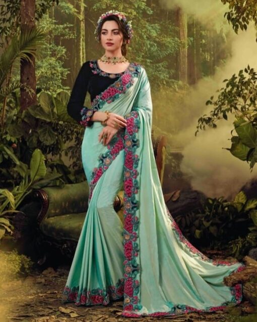 Blue Floral Embroidered Border Saree