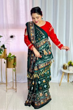 Bandhani Print Patola Saree in Vichitra Silk fabric in green color