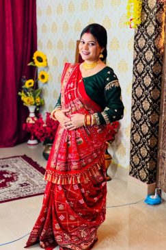 Alternative view of Bandhani Print Patola Saree in Vichitra Silk fabric in Red color