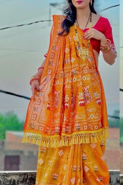 Bandhani Print Patola Saree in Vichitra Silk fabric in yellow color