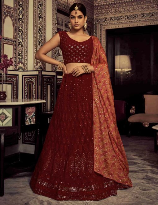 Maroon Embroidered Party Wear Lehenga Choli