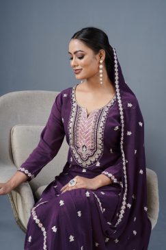 Alternative view of Chinon Fabric Partywear Dress in purple color