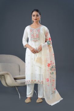 Chinon Fabric Partywear Dress in white color