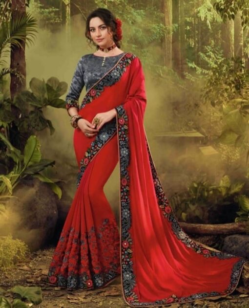 Red Floral Embroidered Border Saree